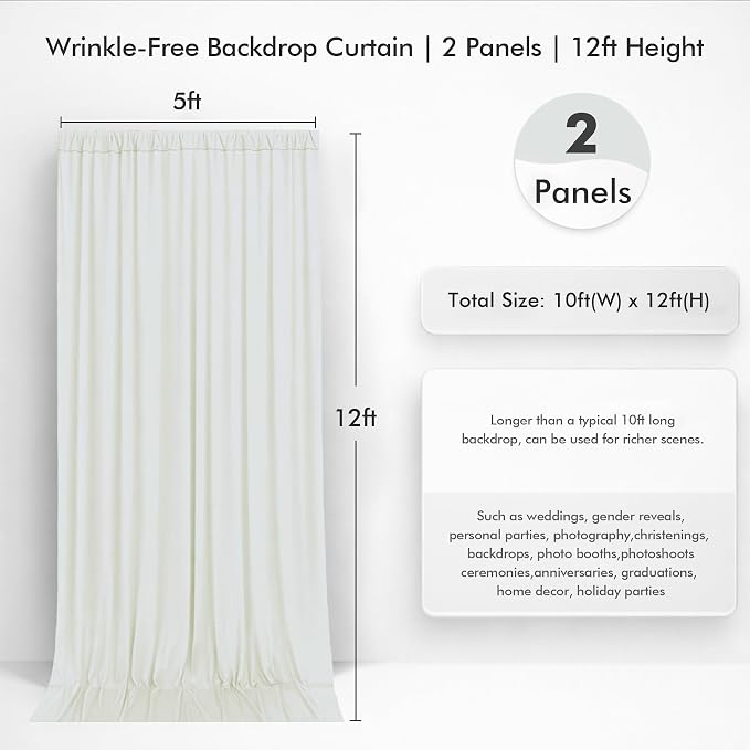 10ftx12ft Wrinkle Free Ivory Backdrop Curtain, 2 Panels 12FT Height Ivory Wedding Backdrop Drapes, Silky Polyester Back Drop Cloth for Birthday Photography Background Party Backdrop Draping