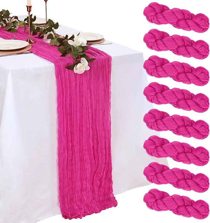 8 Pack Hot Pink Cheesecloth Table Runner 10ft Boho Gauze 120 Inch Cheese Cloth Table Runner Rustic Sheer for Spring Holiday Baby Shower Party Décor Home Wedding Decoration
