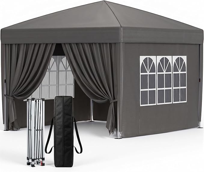 10x10 Pop Up Canopy with Sidewalls, Instant Tent with Carry Bag, Height Adjustable Waterproof Shade Canopy, for Event, Parties, Camping (Grey, 10x10 with Sidewalls)