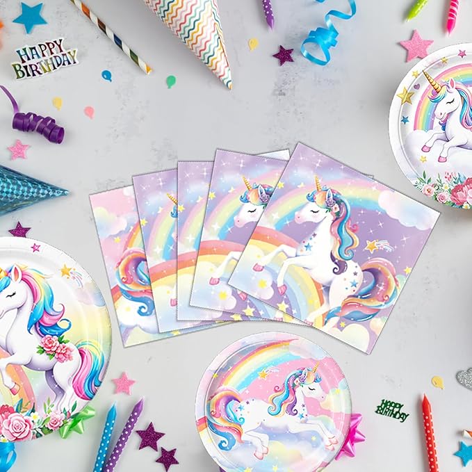 Unicorn Birthday Decorations Includes Plates, Napkins, Cups, Cutlery, Hanging Swirls, Banner, Cake & Cupcake Toppers, Balloons, Tablecloths for Rainbow Girls Birthday Party Decorations, Serve 20