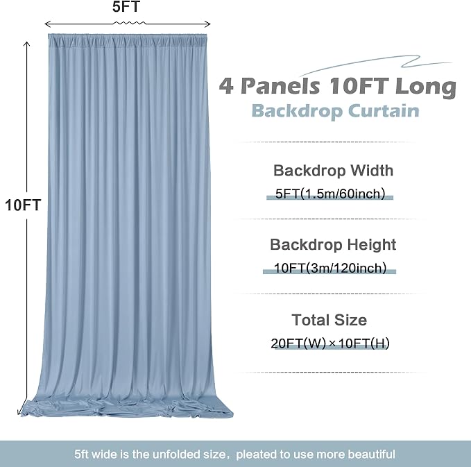 20ft x 10ft Wrinkle Free Dusty Blue Backdrop Curtain for Parties, 4 Panels 5x10ft Silky Polyester Backdrop Drapes Photo Back Drop Cloth for Wedding Birthday Baby Shower Photography Background