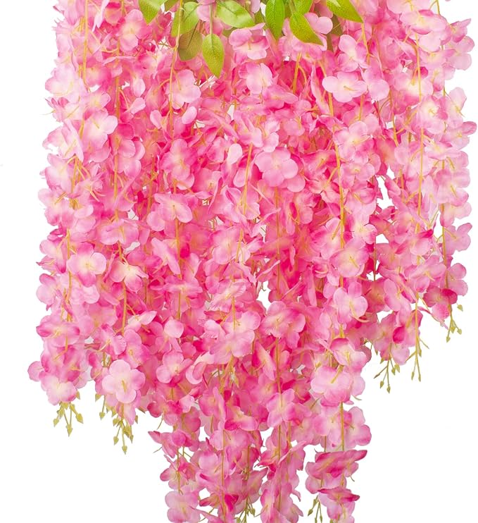 AITISOR 12 Pack Artificial Flowers Silk Wisteria Vine Ratta Hanging Flower (Deep Pink)