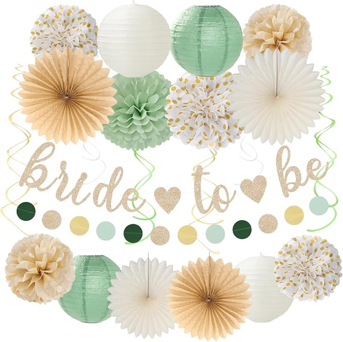 Sage-Green White Bridal-Shower Bachelorette Party-Decorations - 22pcs Gold Bride To Be Banner, Paper Lanterns Streamers, Tissue Pom Poms Flowers Fans Wedding Camp Theme Decor Backdrop Hugmoon