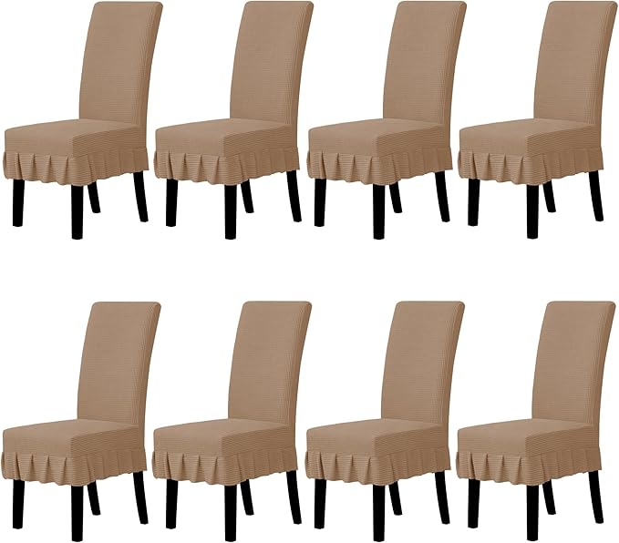 Easy-Going Dining Chair Covers Stretch Parsons Chair Slipcover with Skirt Chair Covers for Dining Room Restaurant Banquet (8 PCS, Camel)