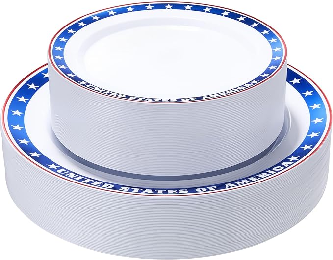 Goodluck 100Pcs 4th of July Plastic Plates, 50 10.25" Dinner & 50 7.5" Dessert Plates, Patriotic Red White and Blue Tableware with USA Flag Design for Independence Day BBQ