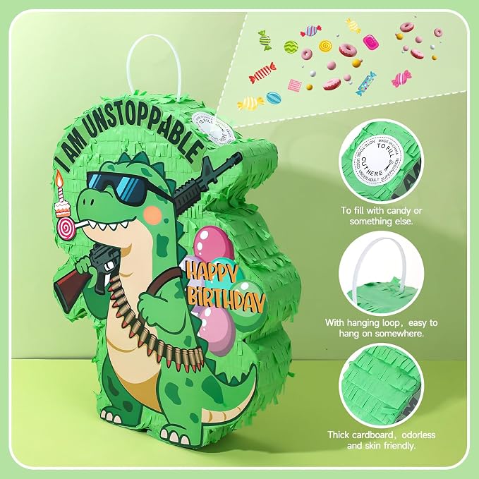 Dinosaur Piñata for Birthday Party, Dino Piñata Set with Blindfold and Baton, Pull String Pinata for Birthday Party Celebration