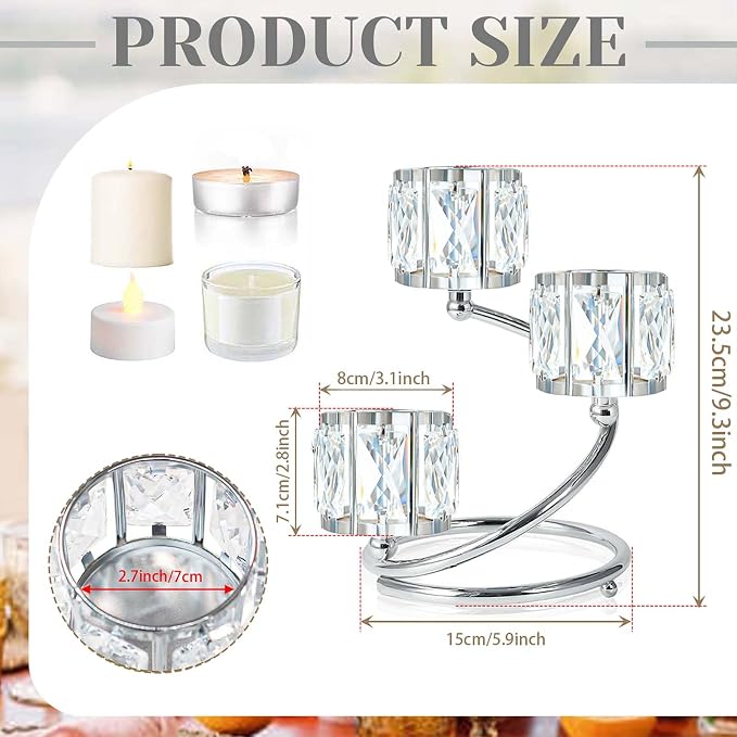 Metal 3 Arm Crystal Candle Holder - Tea Light Centerpiece Candle Holder, Votive Holder with Sparkling Crystal Bowl, Suitable for Wedding, Table Centerpiece, Home Decor (2, 3 arm-Silver)