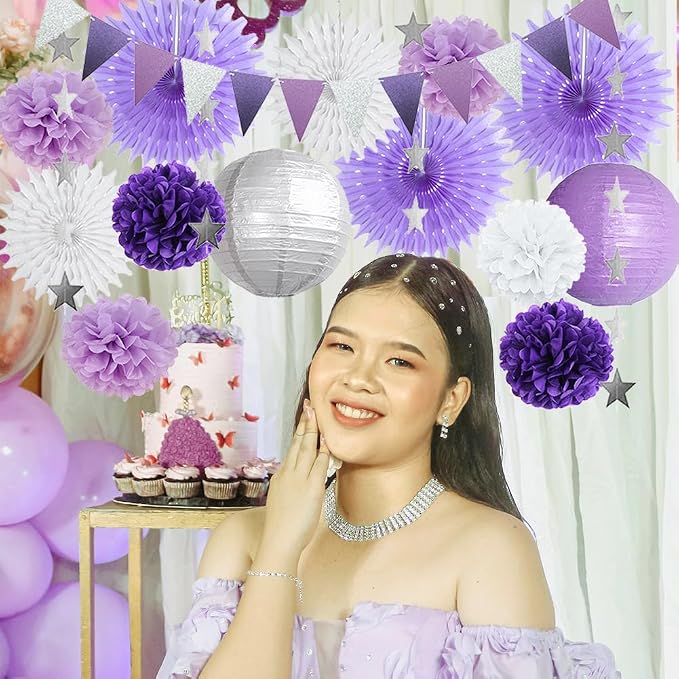 Purple White and Silver Party Decorations Lanterns Fans Poms Light Purple and Silver Party Decorations for Graduation Baby Shower Bridal Shower Wedding Birthday Purple Silver White Party Decorations