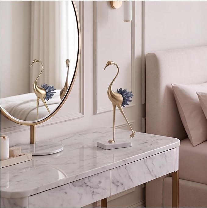 suruim Elegant Gold Crane Bird Statues with Crystal Tail Accents, Decorative Brass Figurines for Home Decor (Blue B)