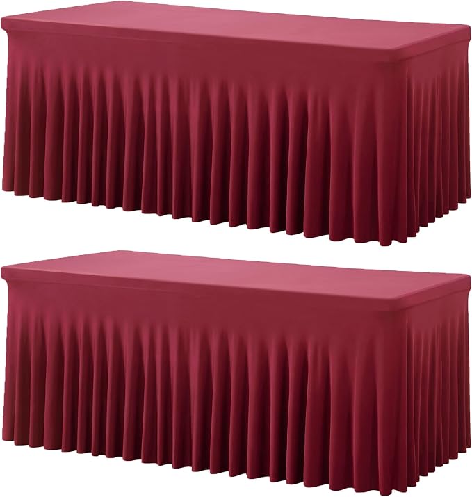 2 Pack Burgundy Spandex Table Clothes for 6 Foot Rectangle Tables, Wrinkle Free Fitted Table Cover 6ft Maroon Stretch Tablecloths with Skirt for Parties Weddings Birthday Banquet Baby Shower