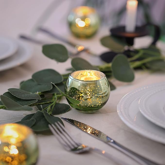 12 Pcs Green Candle Holder for Wedding Decor- Sage Green Mercury Glass Votives for Bridal Shower, Tea Party Table Centerpieces, Vintage Rustic Wedding