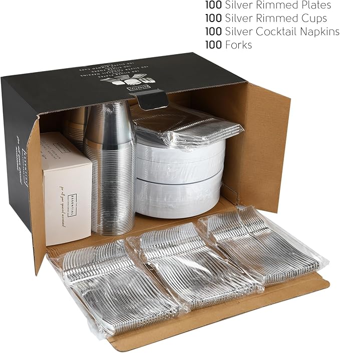 Stylish 7.5 Inch White and Silver Plastic Plates, Disposable Forks, Cups and Cocktail Napkins (100 Set), Silver Dessert Plates, Small Appetizer Plates, Disposable Cake Plates for Wedding Reception