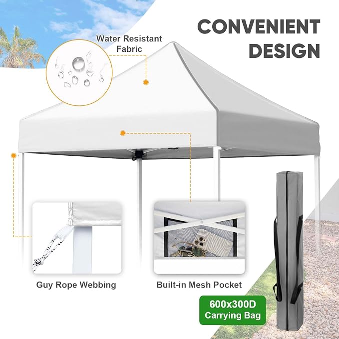 COOS BAY 5x5 Pop Up Canopy Tent, Portable Lightweight Sun Shelter with Carry Bag, Easy Setup Outdoor Canopy for Beach, Camping, Sports & Backyard Shade, White
