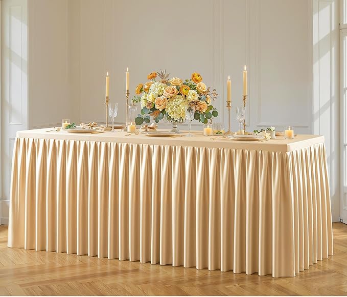 Dark Champagne Polyester Table Cloths for Rectangle 6 Foot Tables, 1 Pack Wrinkle Free Tablecloths Stretchy Banquet Ruffle Fitted Table Cover Desk Skirt for Parties Wedding Birthday Baby Shower