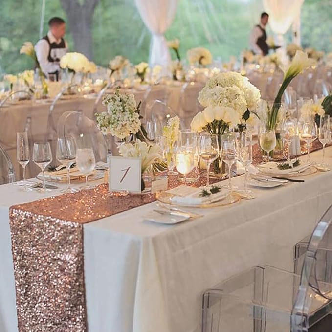 JYFLZQ Rose Gold Sequin Table Runner 12"x72" 10 Packs Glitter Table Runners Sparkly Sequin Runners for Wedding Birthday Party Decorations