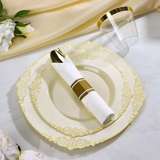 Bestluck 175PCS Ivory Plastic Plates for 25 Guests Disposable Dinnerware Sets Include 50 Plastic Plates, 25 Silverwares, 25 Cups, and 25 Pre Rolled Napkins for Party, Wedding and Graduation
