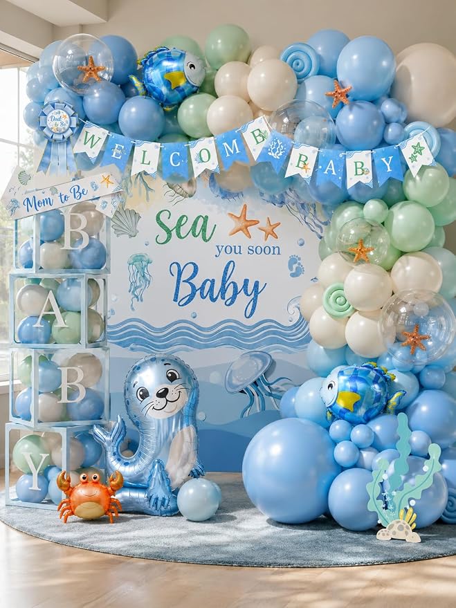 Under the Sea Baby Shower Decorations, All-in-One Sea You Soon Baby Shower Boy Party Decoration Kit with Balloon Arch Backdrop for Summer UnderWater Ocean Animal Theme Baby Shower Decorations Boys
