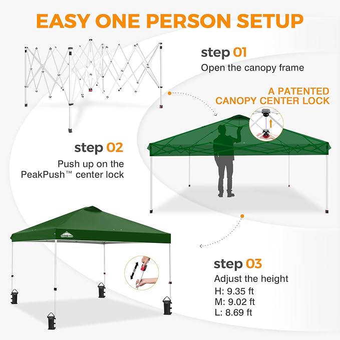 EAGLE PEAK Pop Up Canopy Tent with Wheeled Carry Bag, 8 Stakes, 4 Ropes, 4 Weight Bags, Easy Set Up Tent Canopy, 10x10 ft, 100sqft of Shade, Green