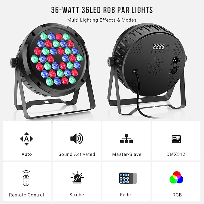 36LEDs RGB Stage Par Lights - OPPSK 36W Sound Activated Multi Modes - Remote DMX Control - Corded Electric - Uplights for Events DJ Music Dance Party Wedding Church Bar Club Stage Lighting (2Pack)