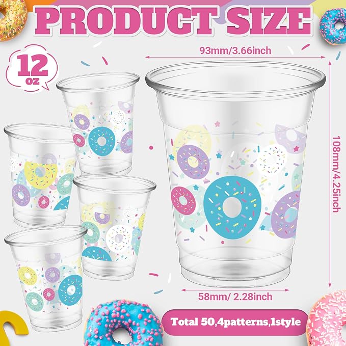 FoldTier 50 Pcs Donut Cups 12 oz Sprinkle Plastic Cups Clear Disposable Sweet One Glasses Doughnut Theme Glasses for Home Sprinkle Grow up Birthday Theme Party Favors Supplies Decoration (Donut)