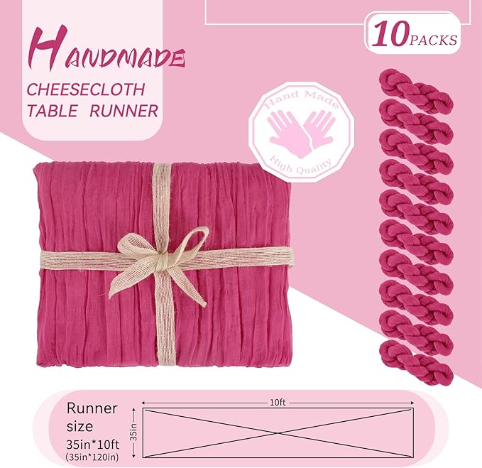 10 Packs Cheesecloth Table Runner, 10Ft x 35" Rose Red Rustic Gauze Boho Wedding Table Decor, Hot Pink