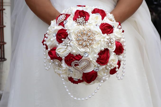 Burgundy and Ivory Bridal Wedding Bouquet with Rhinestone Brooch Pearl String Cascade Bouquet for Bride Bridesmaid Quinceanera Satin Rose Flower Bouquet Wedding Ivory and Burgundy 7.5in