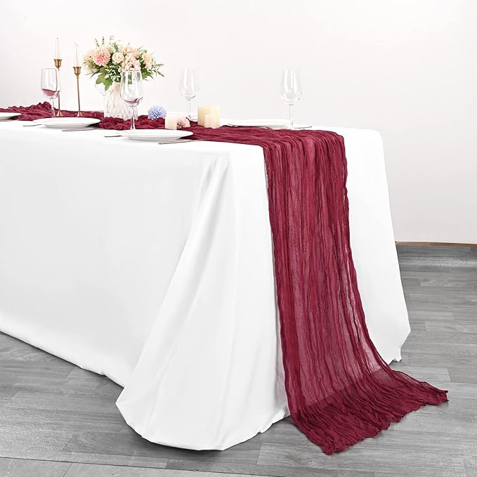 10 Pcs Burgundy Cheesecloth Table Runner 10FT, Gauze Cheese Cloth for Wedding Reception Rustic Sheer Bridal Shower Birthday Party Boho Table Decoration, Romantic Wedding Runner