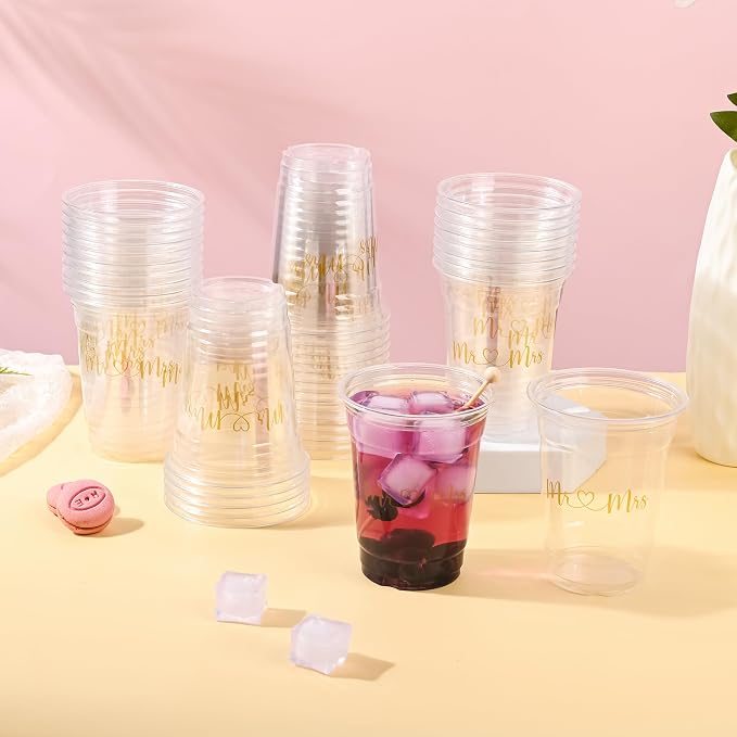 AimFun 50Pcs Mr and Mrs Plastic Cups Wedding Bridal Shower Disposable Party Cups Wedding Reception 12oz Clear Drinking Cup for Anniversary Birthday Party Supplies Decorations (50, Gold)