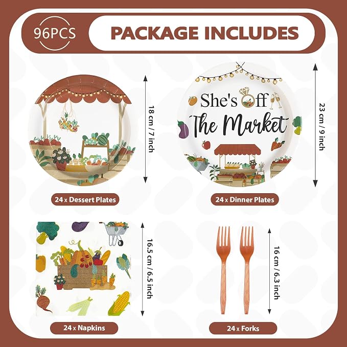 Grencian 96Pcs She's Fresh Off Market Bridal Shower Decor Farmers Market Engagement Party Plates and Napkins Vegetable Themed Disposable Tableware for Women Bridal Shower Wedding Decorations Serves 24