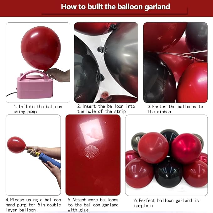 Black Red Balloon Arch Double Stuffed Black Burgundy Maroon Balloons Dark Ruby Red Metallic Balloon Garland Kit for Graduation Birthday Wedding Mother's Day Anniversary Party Decorations
