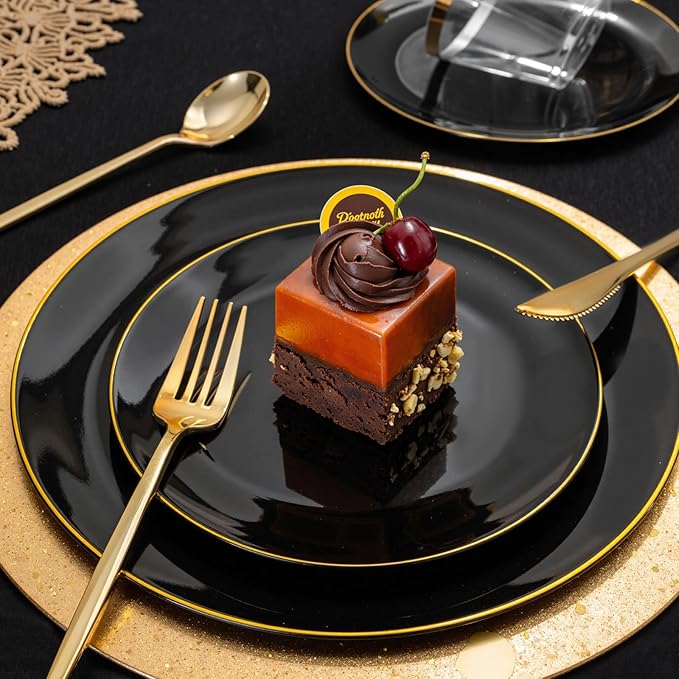 bUCLA 150PCS Black and Gold Plastic Plates - Black Gold Plastic Dinnerware Set Disposable - Include 25 Dinner / 25 Dessert Plates, 25 Knives, 25 Forks, 25 Spoons, 25 Cups, Ideal for Party & Graduation