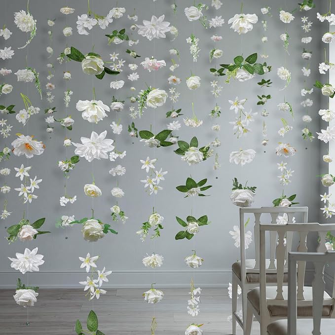 Suncalla 12 Pcs 70.8 ft Wildflower Garland Pre Strung Artificial Hanging Flower Vine Backdrop Decor from Ceiling Floating Silk Floral Garland for Garden Wedding Bridal Shower(Boho,White)