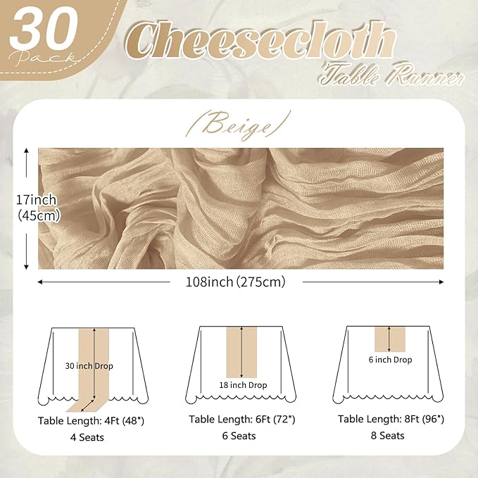 30 Pack Beige Cheesecloth Table Runner 17 x 108 inch Cheese Cloth Table Runners 9ft Beige Table Runner Rustic Romantic Sheer Gauze Runner for Wedding Party Baby Shower Table Decoration