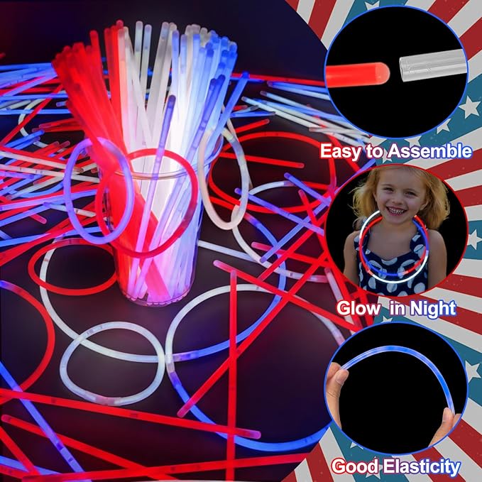 480 Pack 4th of July Glow Sticks Party Favors with Connectors,Patriotic Red White Blue Glow Stick Bracelets Nacklaces Glow in the Dark Accessories 250th Anniversary USA Independence Day Decorations