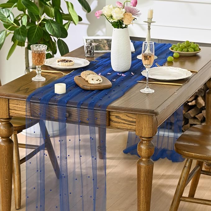 Artoid Mode Pearl Light Bule Gauze Table Runner 59x120 Inch , Seasonal Sheer Kitchen Dining Holiday Wedding Birthday Baby Shower Table Decor for Home Party