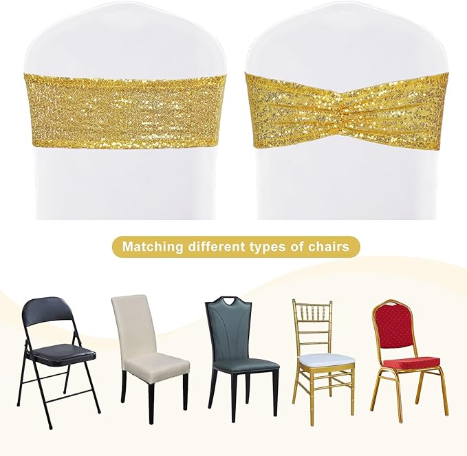 SquarePie Pack of 20 Sequin Chair Sashes Glitter Gold Bows Bands for Wedding Banquet Party Decor