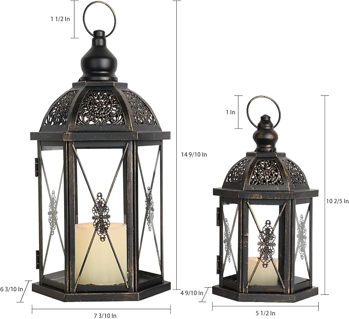 Large Lantern Decorative Outdoor & Indoor, Set of 2 (15’’&10’’) Metal Candle Lanterns Decor, Vintage Hanging Candle Holder for Front Porch Patio Wedding Farmhouse Home, Spring Decoration