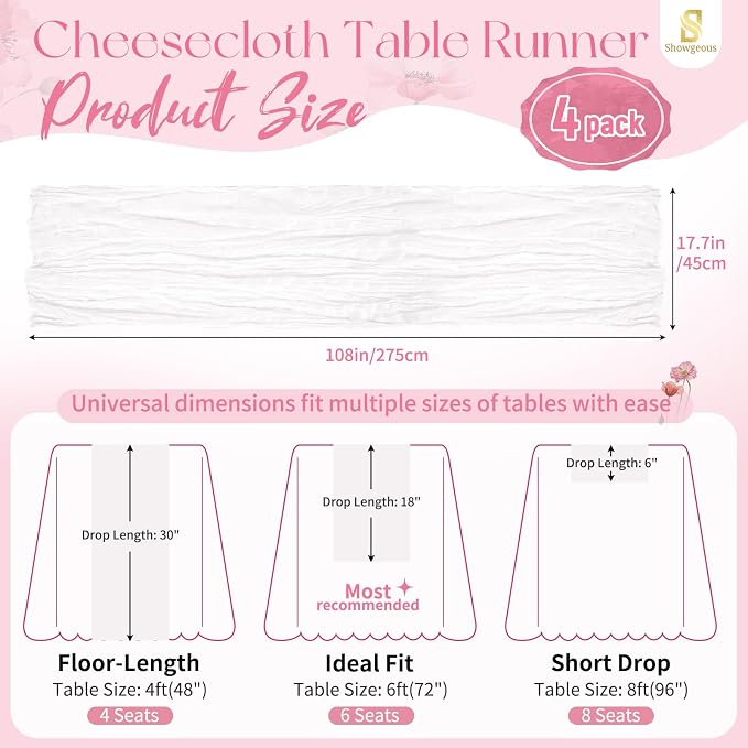 4 Pack White Cheesecloth Table Runner 17 x 108 inch Boho Gauze Table Runner Rustic Sheer Cheese Cloth Table Decorations for Wedding Party Baby Bridal Shower Birthday Holiday Home