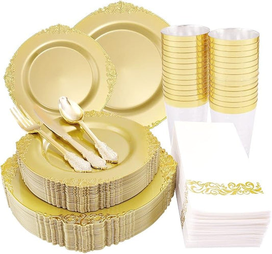 Morejoy 175PCS Solid Gold Plastic Plates with Gold Rim, Disposable Dinnerware Sets Include 25 Dinner Plates,25 Dessert Plates,25 Cutlery Sets,25Cups,25 Napkins Perfect for Party & Wedding