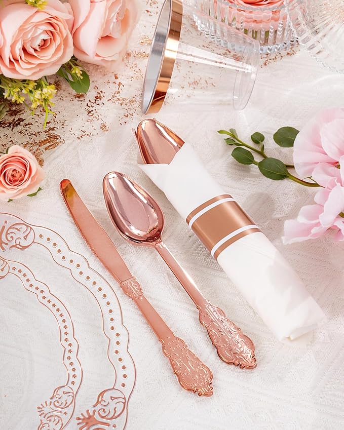 Ciaell 350 PCS Rose Gold Plastic Plates - Rose Gold Disposable Plates Dinnerware Include 50 Disposable Plate, 50 Heavy Duty Silverware, 50 Cups, 50 Napkins for Wedding & Anniversary & Mother's Day