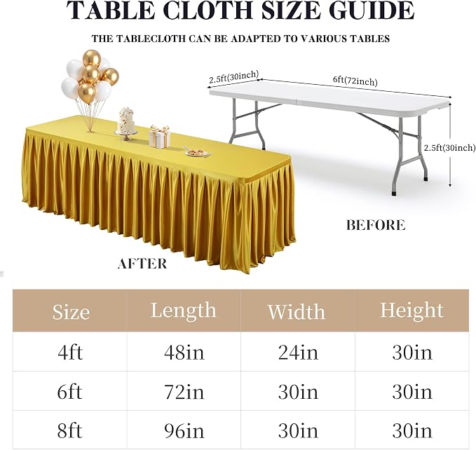 Wish Care 8 Pack Satin Table Cover Skirts for 6ft Rectangular Tables, Dark Gold Shimmer Silk Tablecloth with Floor Length Ruffle for Wedding Banquet Party Buffet Decoration