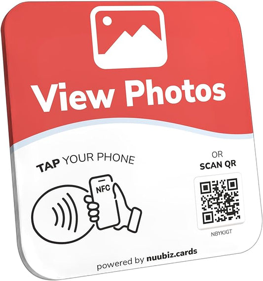 NFC Business QR Code Sign Plate for Browsing Photo Gallery – Drive Offline Engagement Online – Works Like Review Tap Card & Social Media Sign – No App or Fees – Includes Stand or Adhesive
