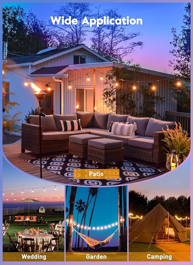 Brightown Outdoor String Lights, 52FT 15 Bulbs Shatterproof Patio Lights with Remote, IP65 Waterproof Dimmable Hanging Connectable LED Outdoor Lights for Backyard, Bistro, Porch, Deck, Balcony