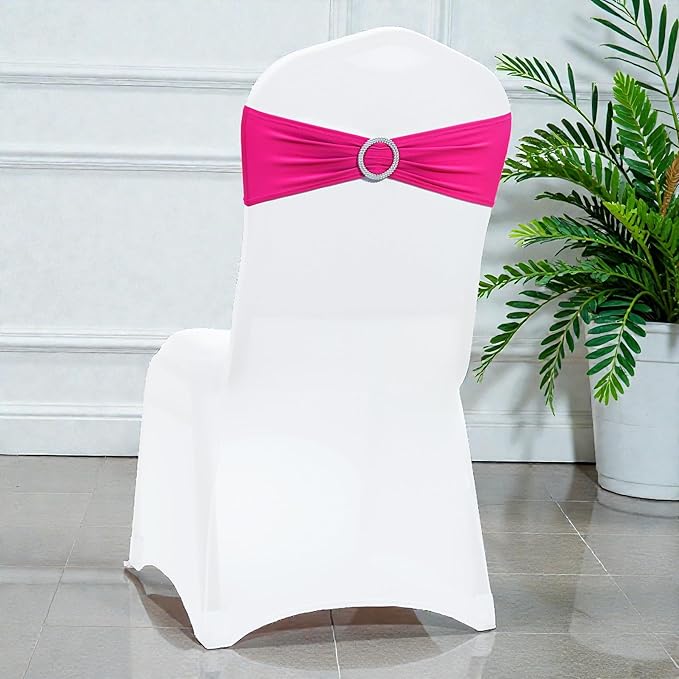 VDS - Magenta | Spandex Chair Sashes Bows | 50 PCS | Stretch Elastic Banquet Universal Folding Chair Band Tie with Silver Buckle Slider for Wedding Party Conference Celebration Event Decoration