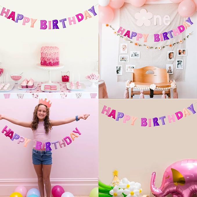Pre-Strung Happy Birthday Banner - Felt Ball Garland - HAPPY BIRTHDAY Garland, Pink Birthday Decorations, Personalized Happy Birthday Sign for Birthday Decor, Party Decor, Photo Prop (Pink)