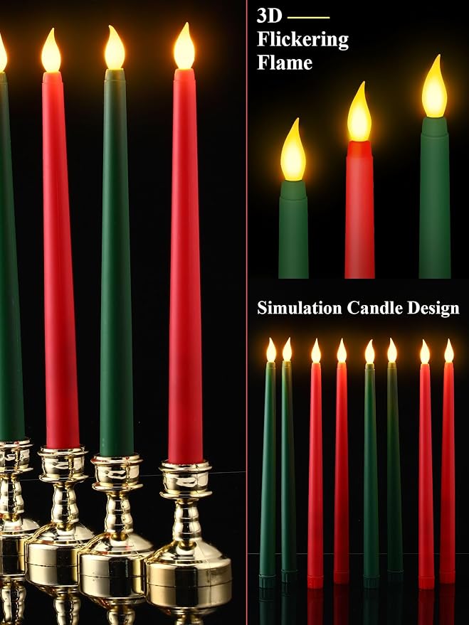 Funtery 48 Pcs Flameless LED Taper Candles Battery Operated Candles Bulk Realistic LED Candlesticks Flickering for Wedding Church Party Home Decor(Red, Green,11 Inch,Classic Style)