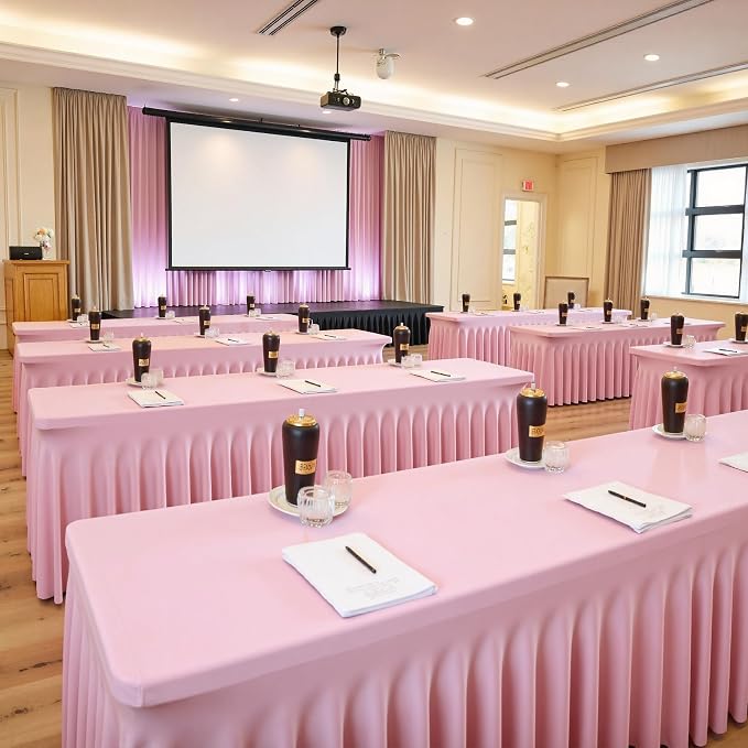 2 pk Baby Pink Spandex Tablecloth 8ft With Ruffled Table Skirt, Wrinkle Free Stretchy Fitted Tablecloths for 8 Foot Rectangle Tables, Elastic Spandex Table Covers for Weddings Parties Banquet