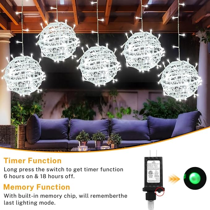 SenLuKit Outdoor Christmas Balls 4 Pack Hanging 11.8" LED Garden Sphere Tree Lights 8 Modes Waterproof String with Memory Timer Plug for Party Yard Porch Eave Patio Home Decoration-Cool White