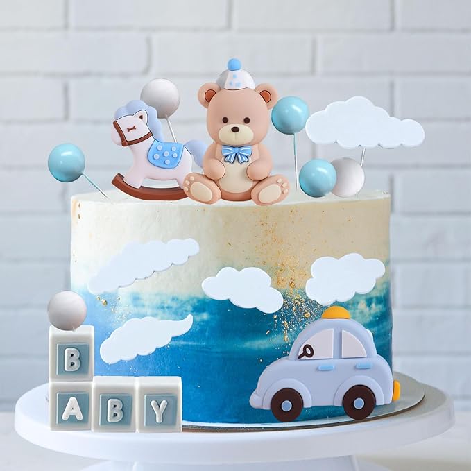 Blue Bear Cake Decoration Teddy Bear Blue White Balls Cake Topper Baby Shower Birthday Cake Decoration for Birthday Party Decorations