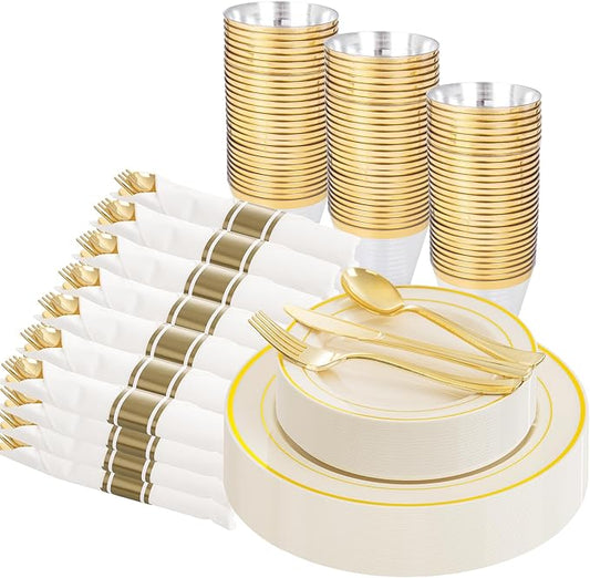 WELLIFE 210PCS Ivory Plastic Plates for 30 Guests - Gold Plastic Plates, Platos Para Fiestas Elegantes Desechables, Disposable Plate for Party and Wedding